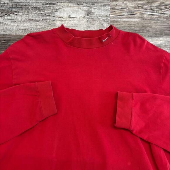 Vintage Y2k 2000s Nike Red‎ Mens L Mock Neck Silver Swoosh Blank T-shirt Heavy - Picture 1 of 11